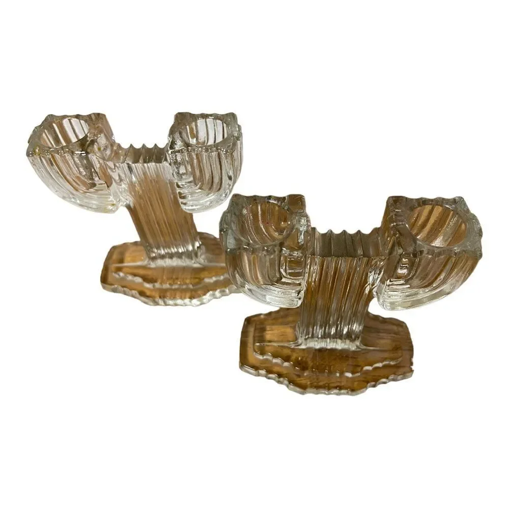 Vintage Anchor Hocking Queen Mary Clear Cactus Art Deco Candleholder SET of 2